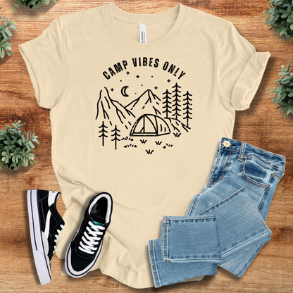 Athletic-heather t-shirt with '' text, flat lay styled on a wooden surface.