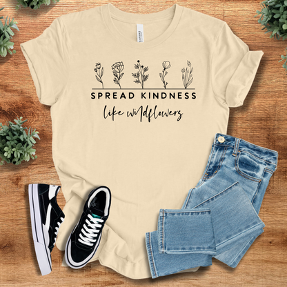 Athletic-heather t-shirt with '' text, flat lay styled on a wooden surface.