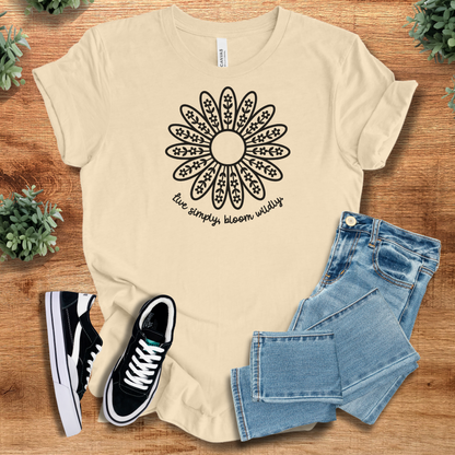Athletic-heather t-shirt with '' text, flat lay styled on a wooden surface.