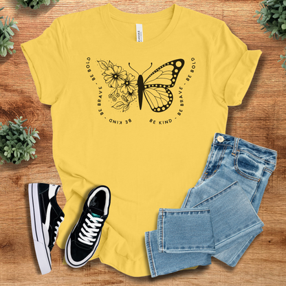 Athletic-heather t-shirt with '' text, flat lay styled on a wooden surface.