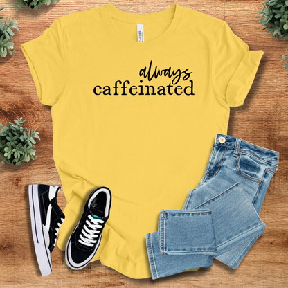 Athletic-heather t-shirt with '' text, flat lay styled on a wooden surface.