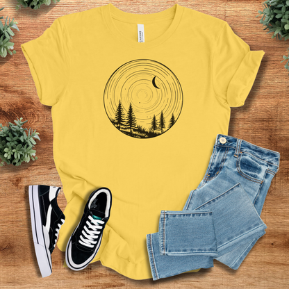 Athletic-heather t-shirt with '' text, flat lay styled on a wooden surface.
