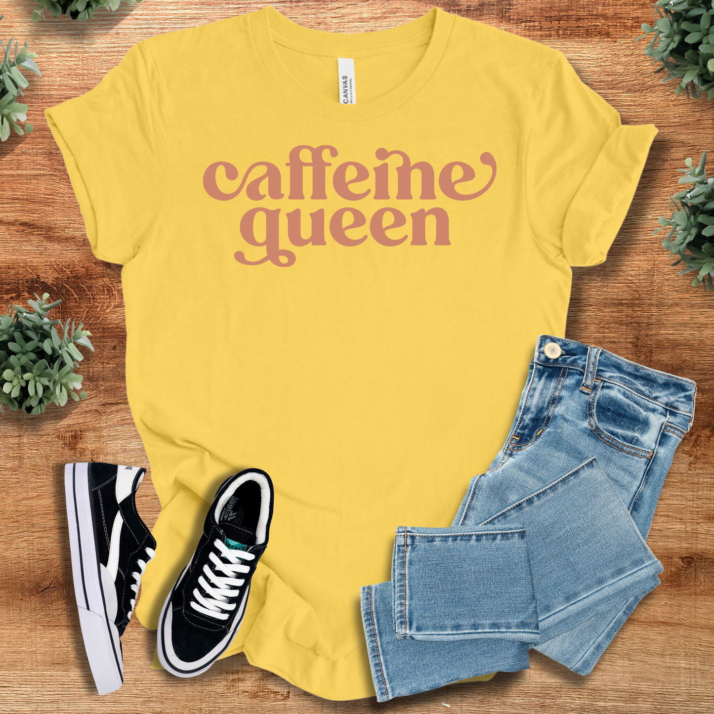 Caffeine Queen - Coffee Lovers T-Shirt in bright yellow with pinkish text. Fun and comfy cotton tee perfect for coffee fans and casual wear.