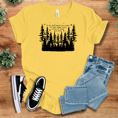 Military-green t-shirt with '' text, flat lay styled on a wooden surface.