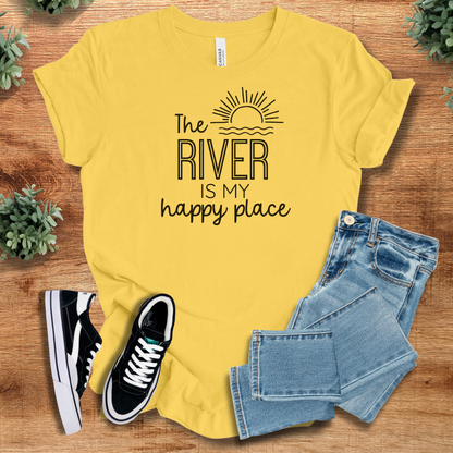 Athletic-heather t-shirt with '' text, flat lay styled on a wooden surface.
