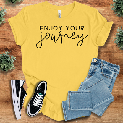 Athletic-heather t-shirt with '' text, flat lay styled on a wooden surface.