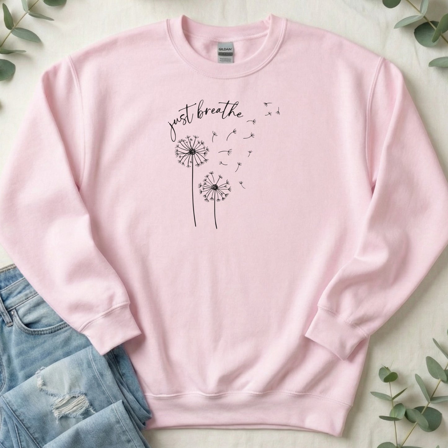 Just Breathe Dandelion Design Pink Pullover Sweatshirt
