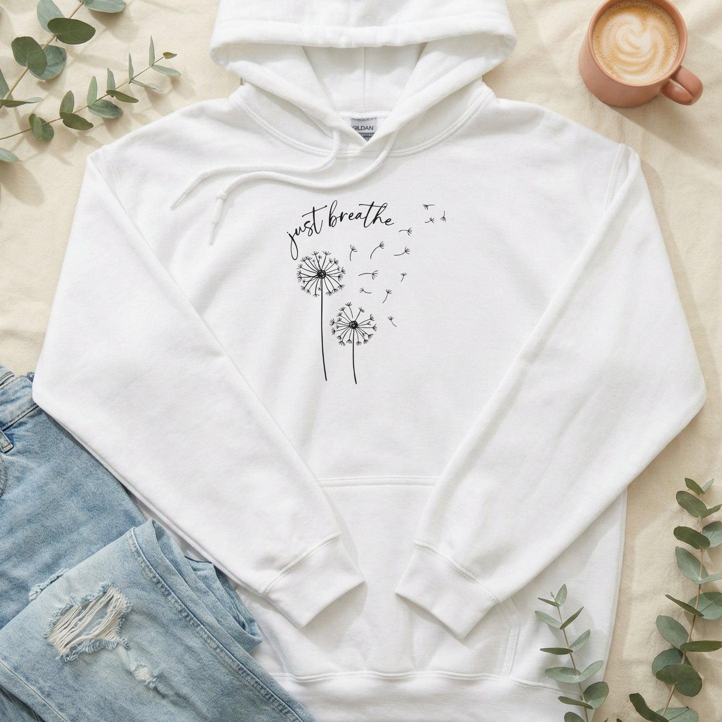 Just Breathe Dandelion Design White Hoodie Product