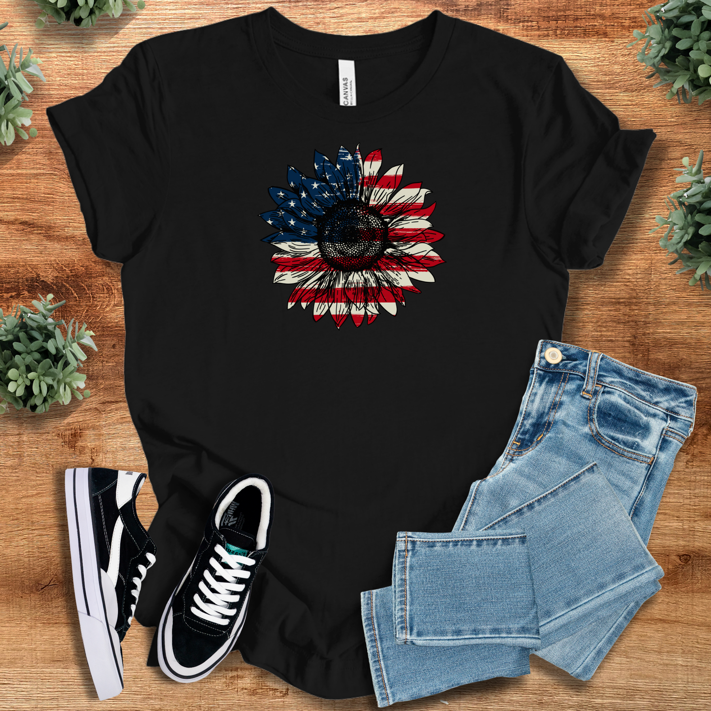 Patriotic American Flag Sunflower T‑Shirt | Soft Bella+Canvas Tee