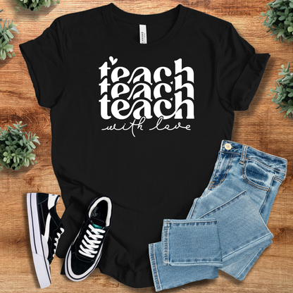 Athletic-heather t-shirt with '' text, flat lay styled on a wooden surface.