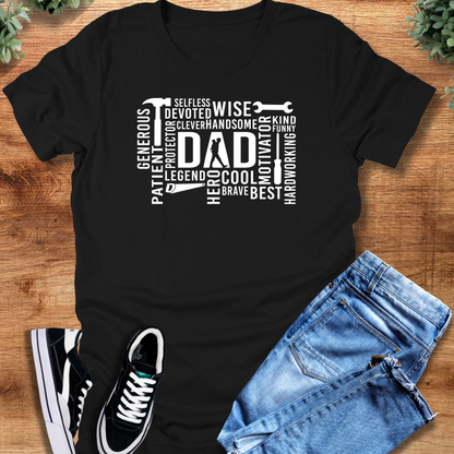 Black t-shirt with 'Dad T‑Shirt' text, flat lay styled on a wooden surface.