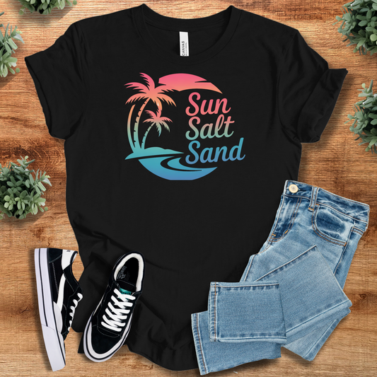 Sun Salt Sand Tee - Beach Tee Shirt in black with tropical palm and wave graphic. Stylish cotton summer t-shirt for coastal and surf culture lovers.