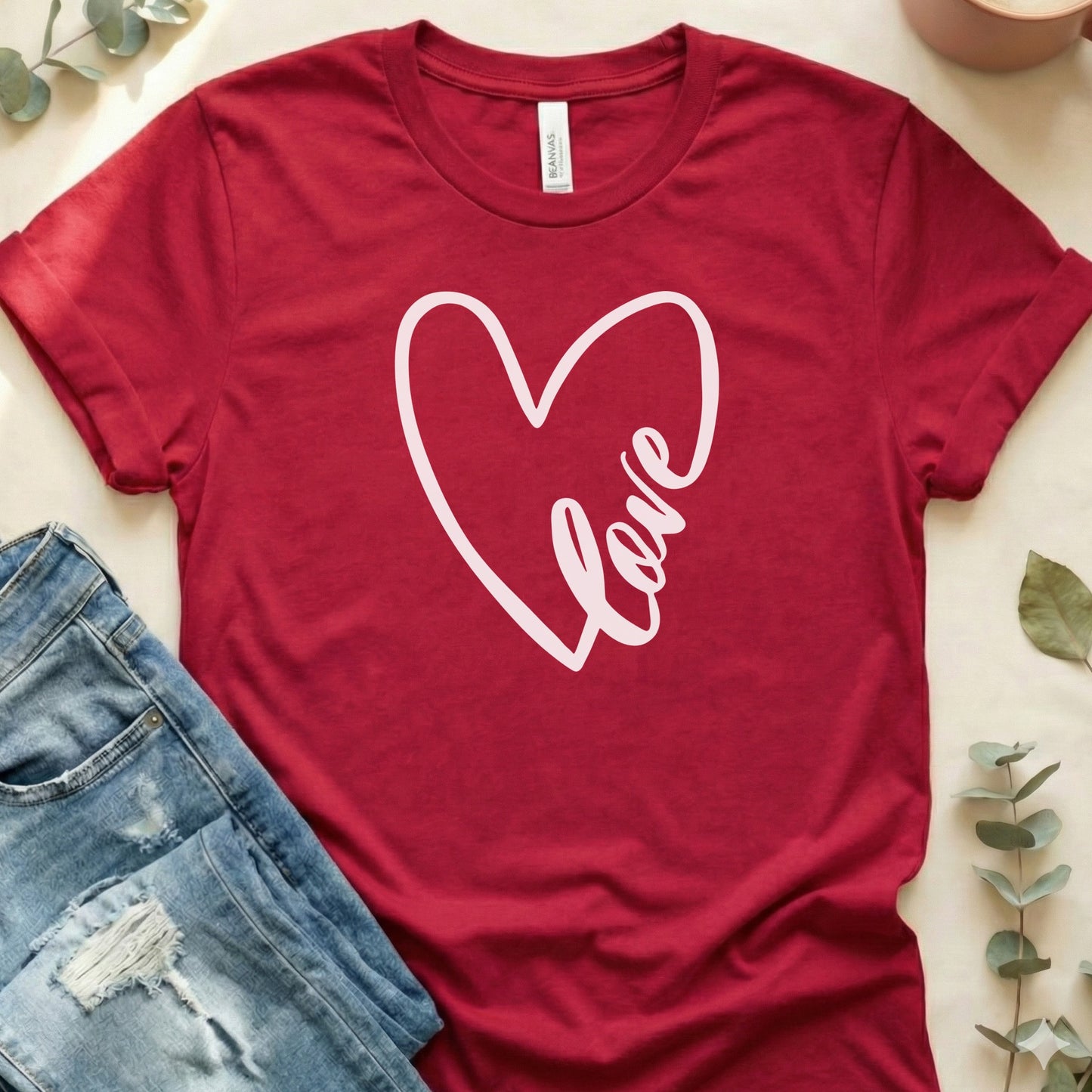Red T-Shirt with White Love Heart Graphic Design