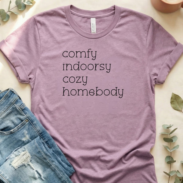 Comfy Indoorsy Cozy Homebody Words Graphic Novelty T-Shirt
