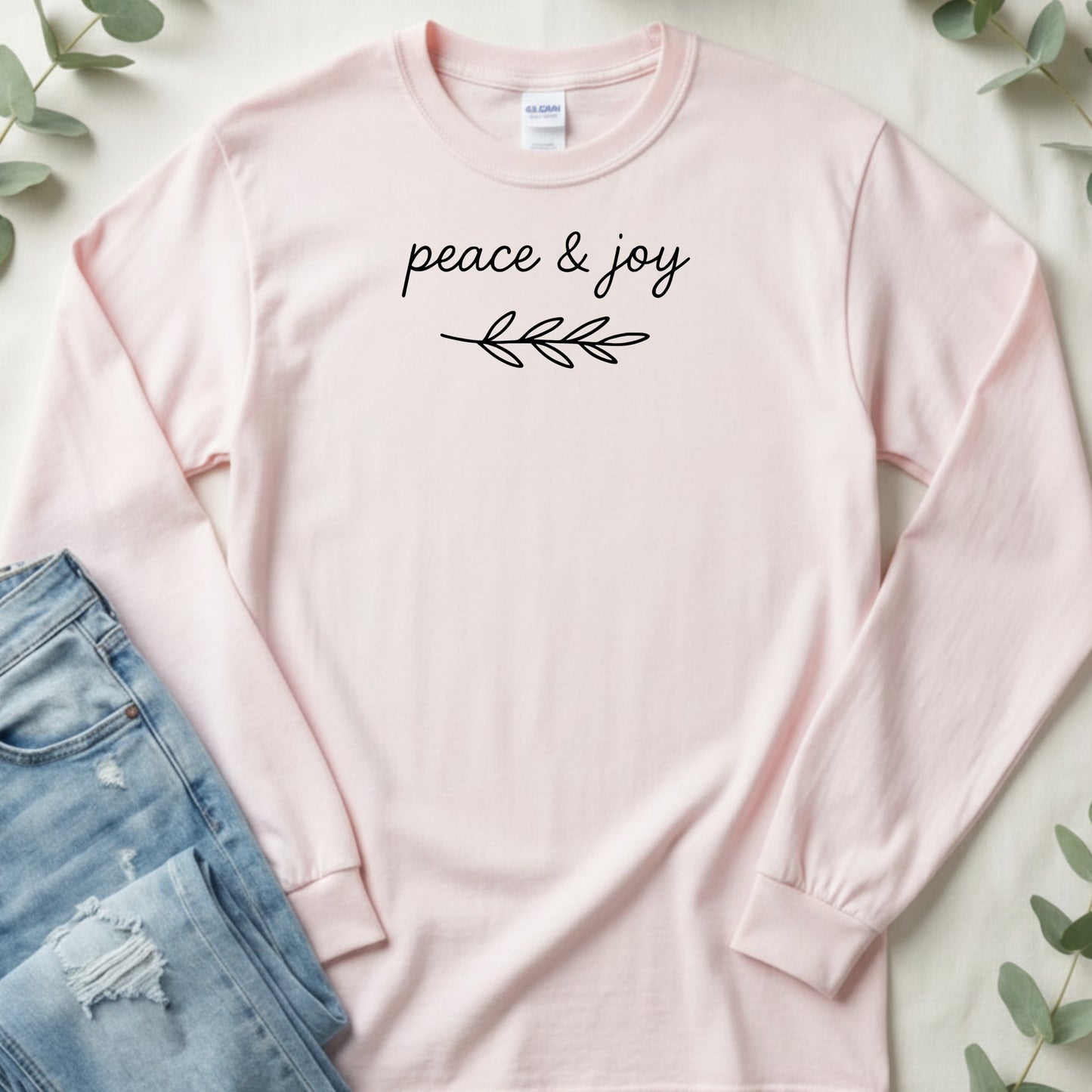 Peace and Joy with Branch Design Long Sleeve T-Shirt