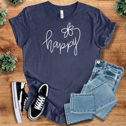 Yellow t-shirt with '' text, flat lay styled on a wooden surface.