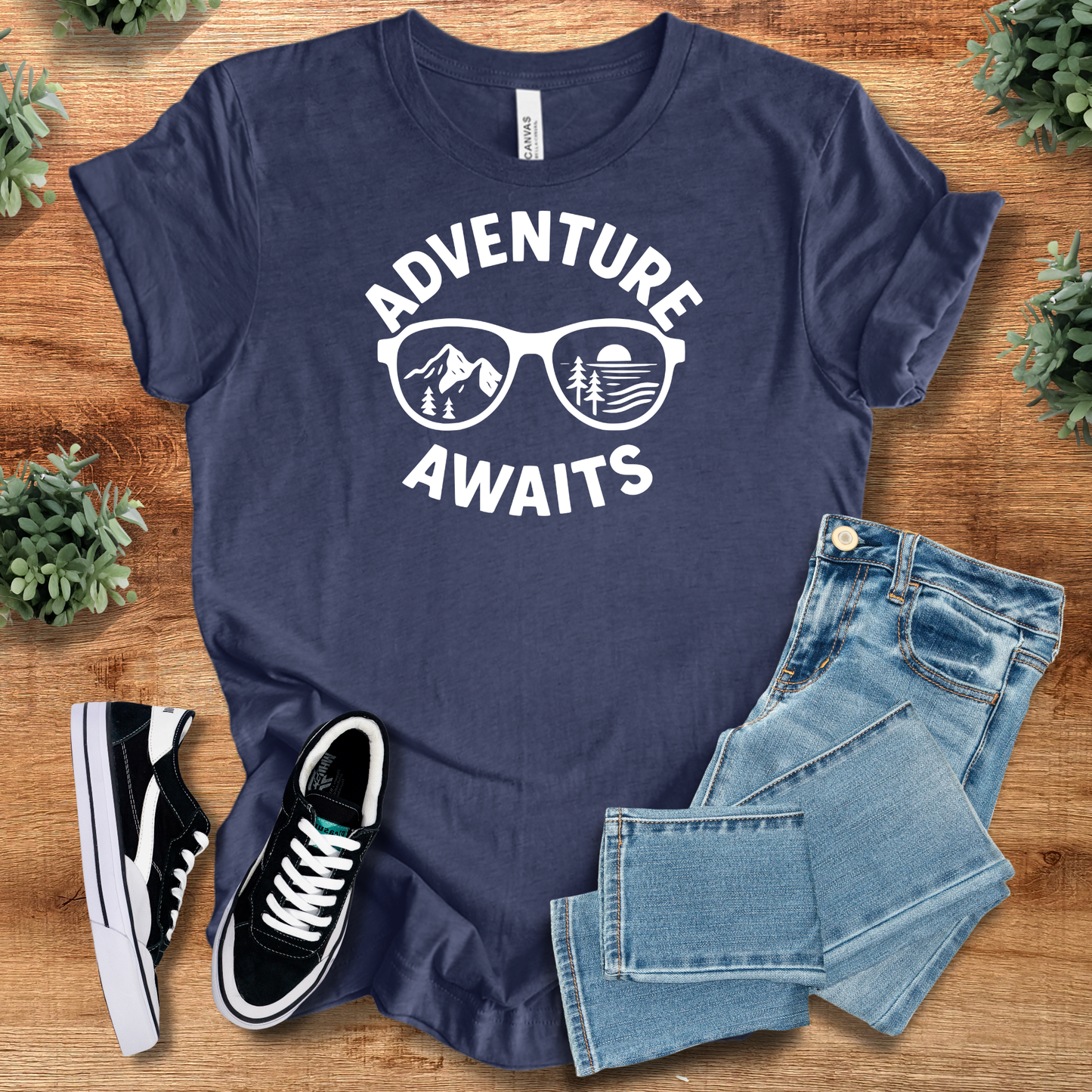 Army t-shirt with '' text, flat lay styled on a wooden surface.