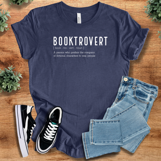 Booktrovert Introverted Reader Tee in navy blue, made from soft cotton. Ideal casual wear for book lovers and introverts.
