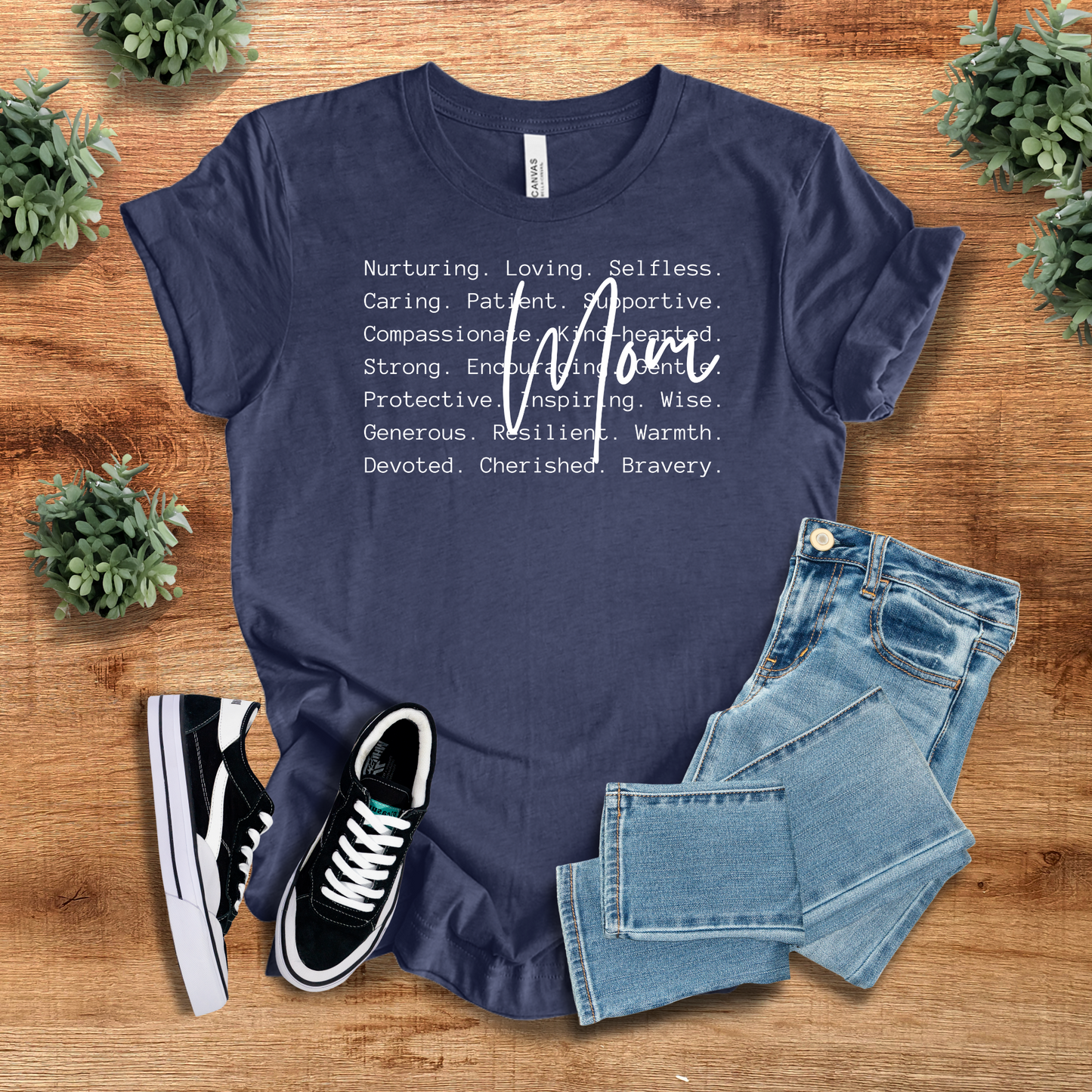 Navy blue Mom Affirmation T-Shirt with positive motherhood affirmations. A cozy and empowering tee, perfect for moms who love stylish comfort.