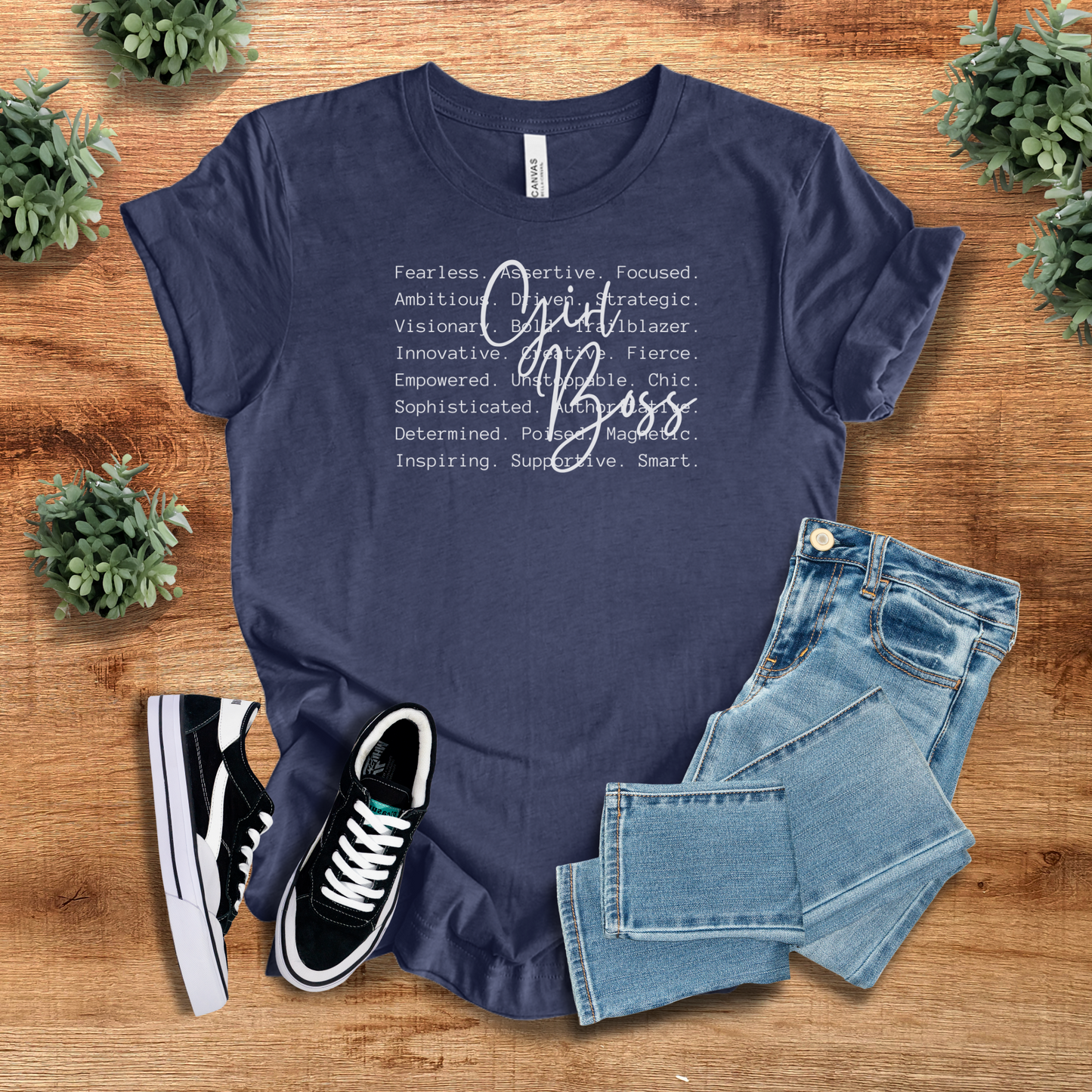 Navy blue Women's Boss T-Shirt with motivational text and 'Girl Boss' script. A trendy, confidence-boosting tee for ambitious women.