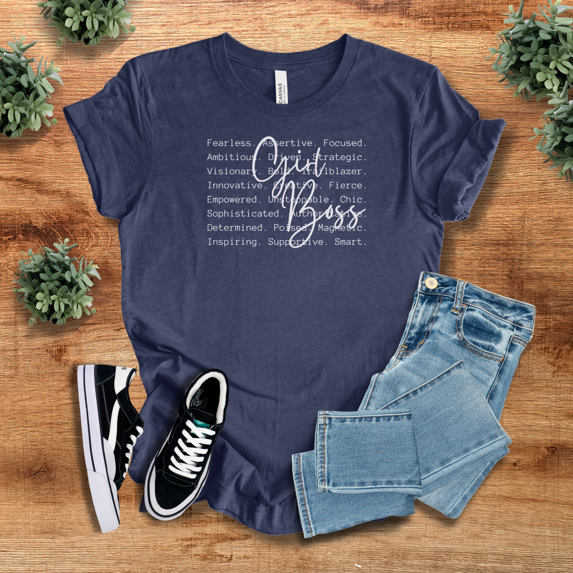 Navy blue Women's Boss T-Shirt with motivational text and 'Girl Boss' script. A trendy, confidence-boosting tee for ambitious women.