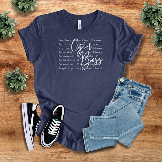 Navy blue Women's Boss T-Shirt with motivational text and 'Girl Boss' script. A trendy, confidence-boosting tee for ambitious women.