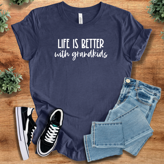 Navy blue Life is Better with Grandkids T-shirt made from soft cotton, styled with jeans and sneakers for casual family gatherings.