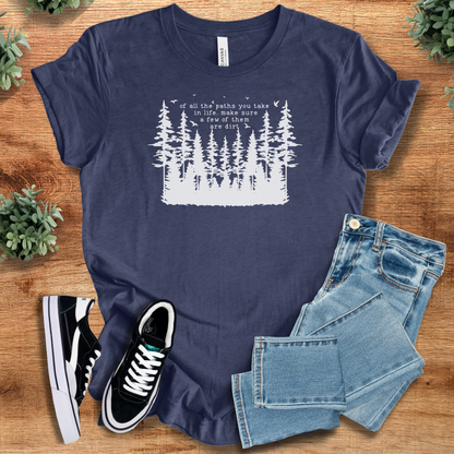 Heather-navy t-shirt with '' text, flat lay styled on a wooden surface.