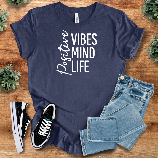 Navy Positive Vibes Tee - Positive Vibes T-Shirt | 100% Cotton, styled with jeans and sneakers for casual wear in apparel & accessories.