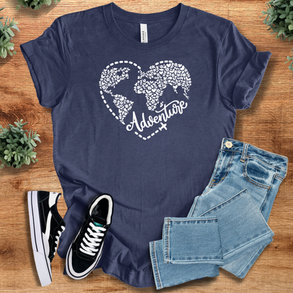 Heather-mauve t-shirt with '' text, flat lay styled on a wooden surface.