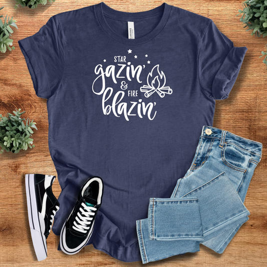 Navy Star Gazin' Tee - Campfire T-Shirt styled with jeans and sneakers, perfect for cozy outdoor nights and casual camping outfits.
