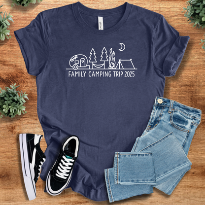 Heather-navy t-shirt with '' text, flat lay styled on a wooden surface.
