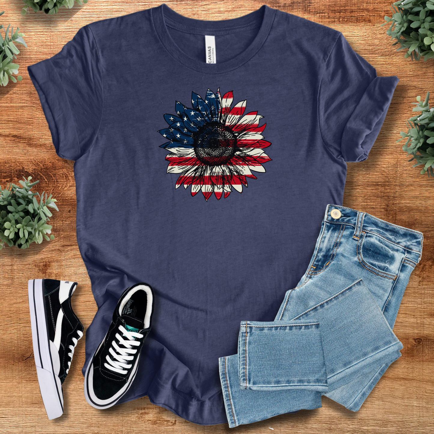 Patriotic American Flag Sunflower T‑Shirt | Soft Bella+Canvas Tee