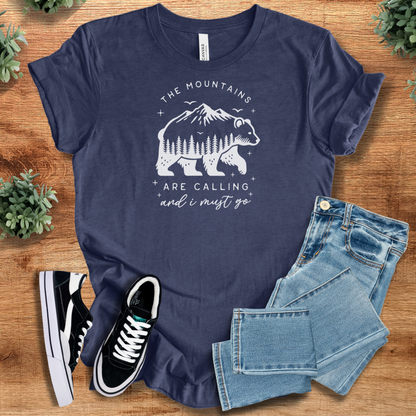 Navy blue mountain lover t-shirt featuring a scenic bear and nature-inspired design. A perfect casual outdoor wear for wanderlust travelers.