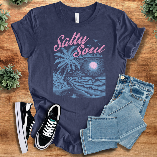 Palm Trees Beach T-Shirt - Salty Soul Vibes in navy blue with tropical sunset graphic, perfect for summer and vacation wear.