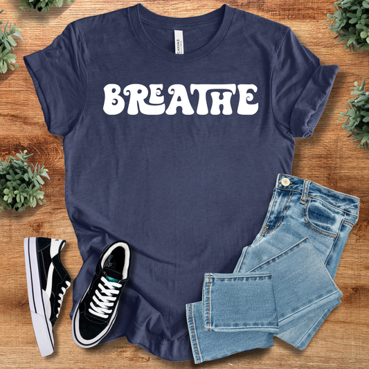 Retro Style T-Shirt - Breathe Tee in navy blue with bold white lettering. Lightweight 100% cotton shirt ideal for casual and urban streetwear.