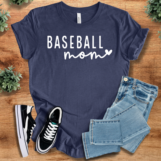 Navy Baseball Mom T-Shirt on soft Bella+Canvas 3001 with white script text, styled with jeans and sneakers. Ideal comfy unisex family gift tee.