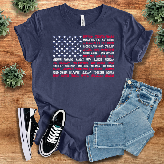 American Flag T-Shirt - State Names design on indigo blue cotton tee. USA pride graphic tee perfect for Independence Day and everyday style.