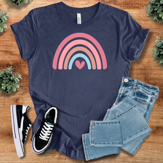 Heart Rainbow Tee in navy blue featuring a pink and blue rainbow with heart design. 100% cotton casual fit T-shirt for everyday wear.