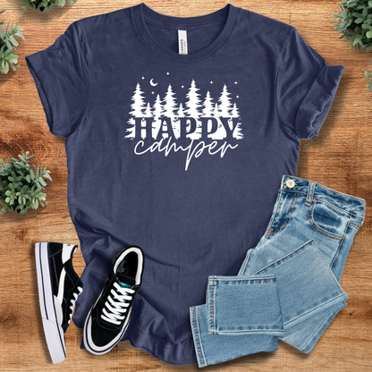 Military-green t-shirt with '' text, flat lay styled on a wooden surface.