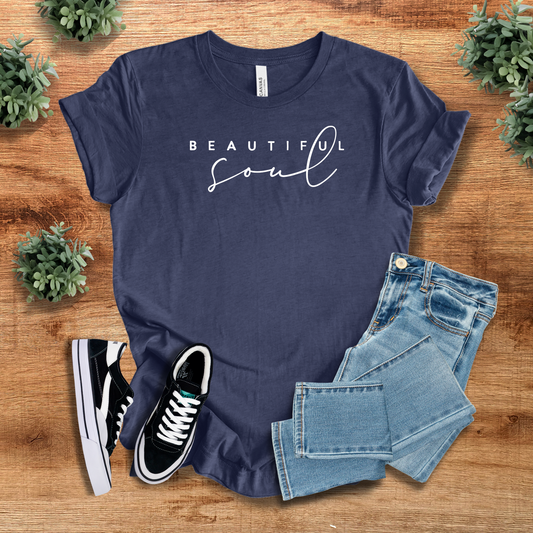 Navy blue 'Beautiful Soul' t-shirt for casual and active wear. Trendy and comfortable crew neck tee paired with jeans and sneakers.