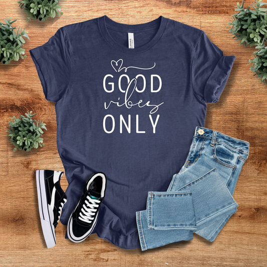 Good Vibes Only T-Shirt in navy blue with stylish typography. Soft cotton blend, casual fit, and uplifting message for a trendy, positive look.