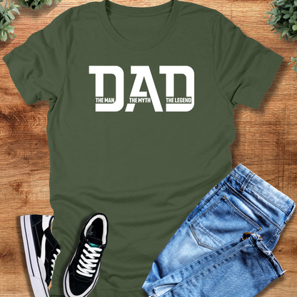 Heather-navy t-shirt with '' text, flat lay styled on a wooden surface.