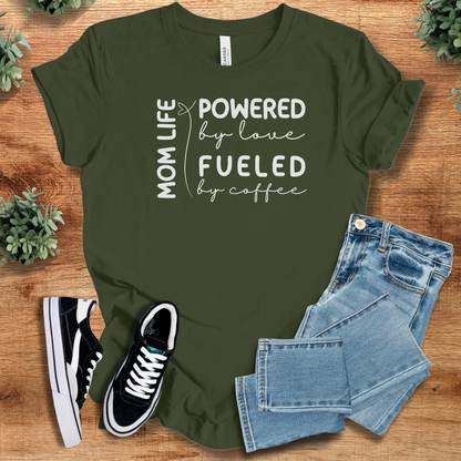 Heather-aqua t-shirt with '' text, flat lay styled on a wooden surface.