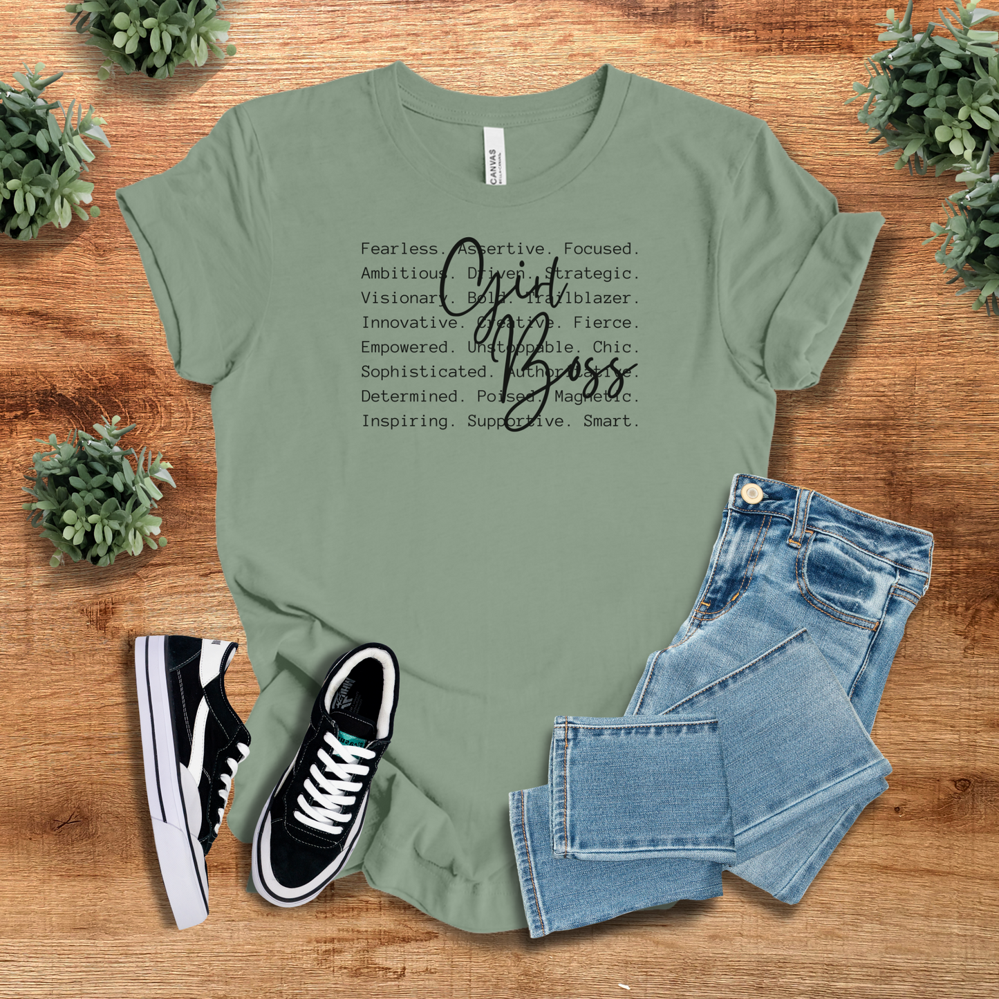 Women's Boss T-Shirt in sage green with empowering words and 'Girl Boss' script. Soft, stylish tee for entrepreneurs and leaders.