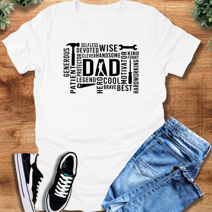 Black t-shirt with '' text, flat lay styled on a wooden surface.