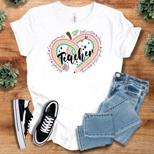 White Teacher Appreciation Gifts T-Shirt with colorful heart-apple graphic and motivational words. Made from 100% cotton, ideal for educators.