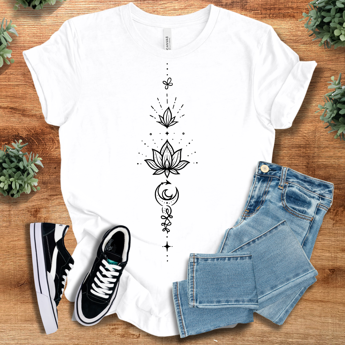 Army t-shirt with '' text, flat lay styled on a wooden surface.