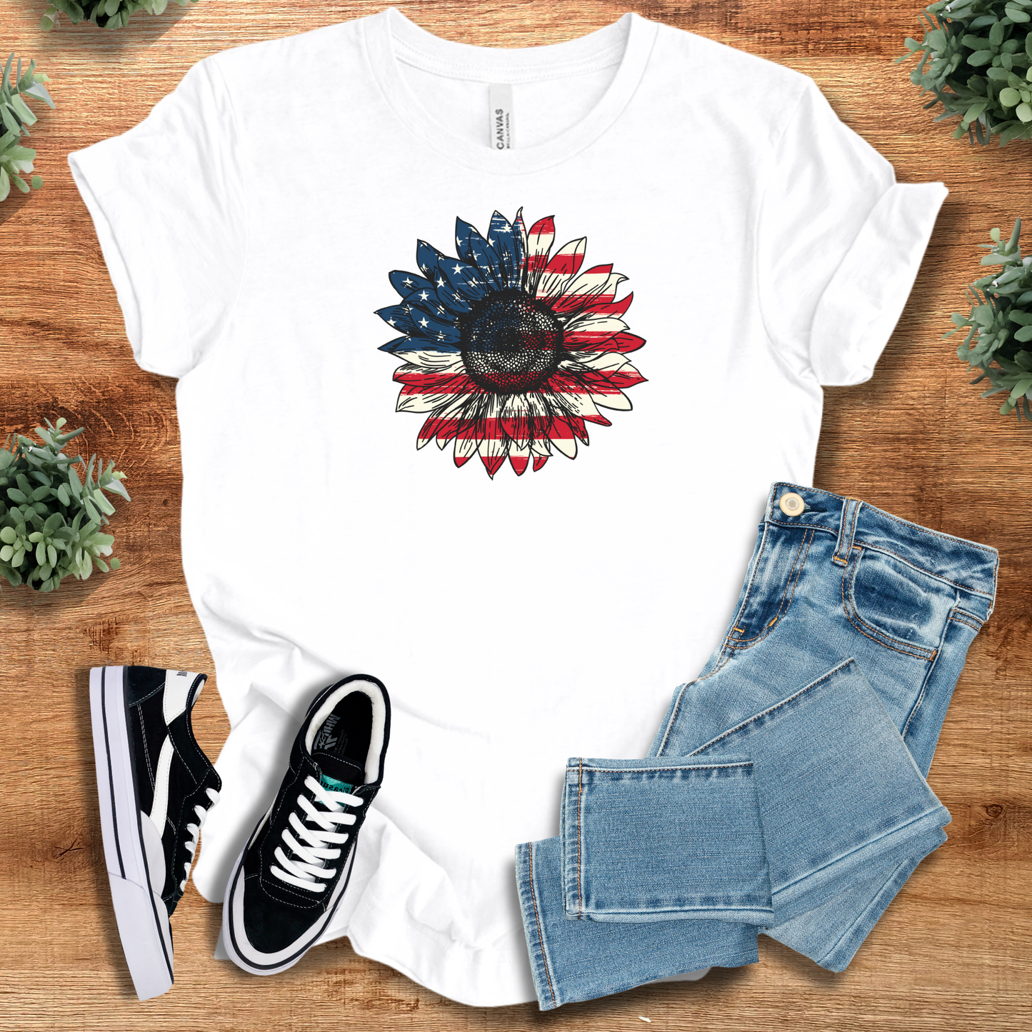 Patriotic American Flag Sunflower T‑Shirt | Soft Bella+Canvas Tee
