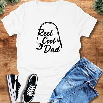 Military-green t-shirt with '' text, flat lay styled on a wooden surface.
